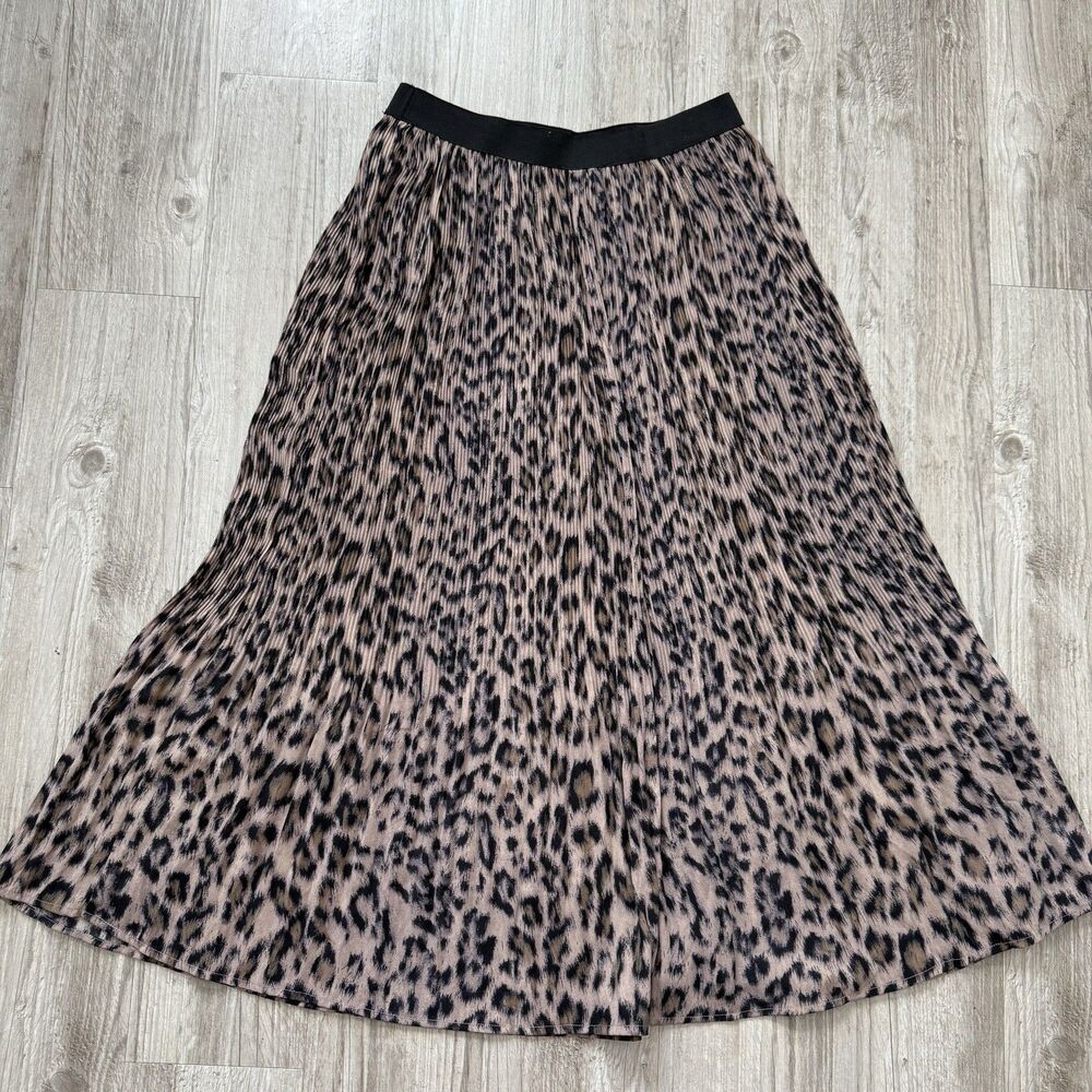 Adrianna Papell Leopard Pleated Midi Skirt S Pink Black Flared Flowy Mob Wife
